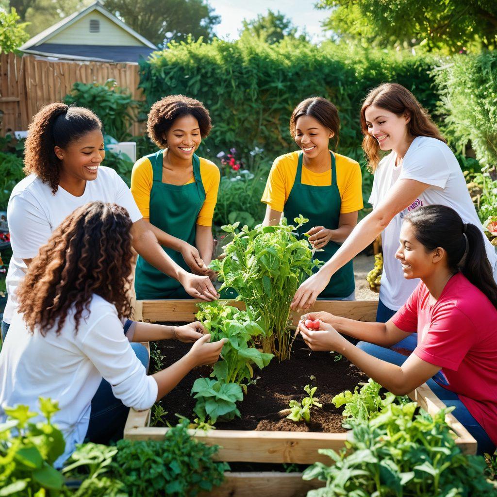 A warm, inviting scene depicting diverse people engaged in charitable activities, such as planting a community garden and sharing food. Bright, cheerful colors to evoke feelings of kindness and connection, with symbols of emotional wellness like hearts and intertwined hands in the background. The setting includes lush greenery and smiles, symbolizing community bonds. super-realistic. vibrant colors.