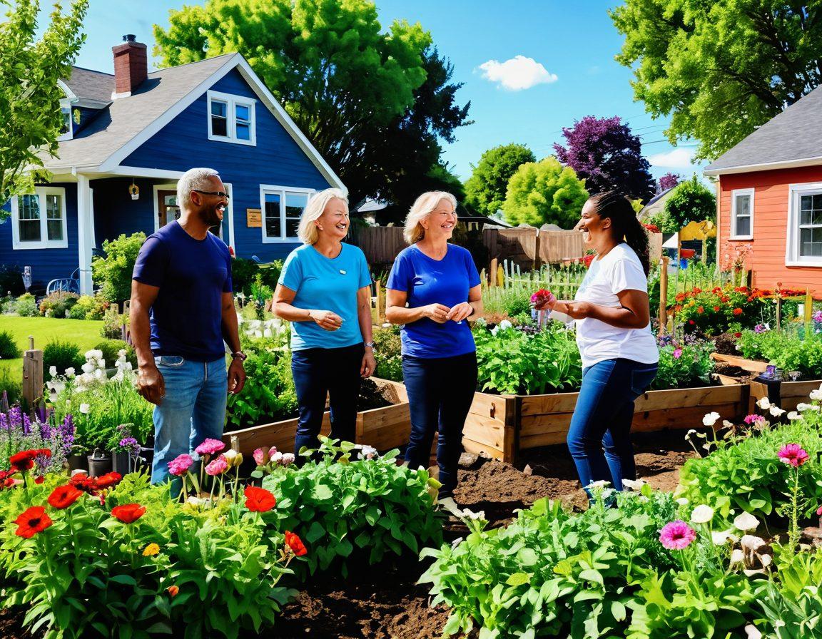 A warm, welcoming scene showcasing a diverse group of people engaging in a community garden, sharing laughter and teamwork, surrounded by blooming flowers and lush greenery. In the background, a cozy neighborhood setting with houses and trees under a bright blue sky symbolizes support and connection. The atmosphere is filled with joy and positivity, emphasizing the importance of community. vibrant colors. super-realistic.