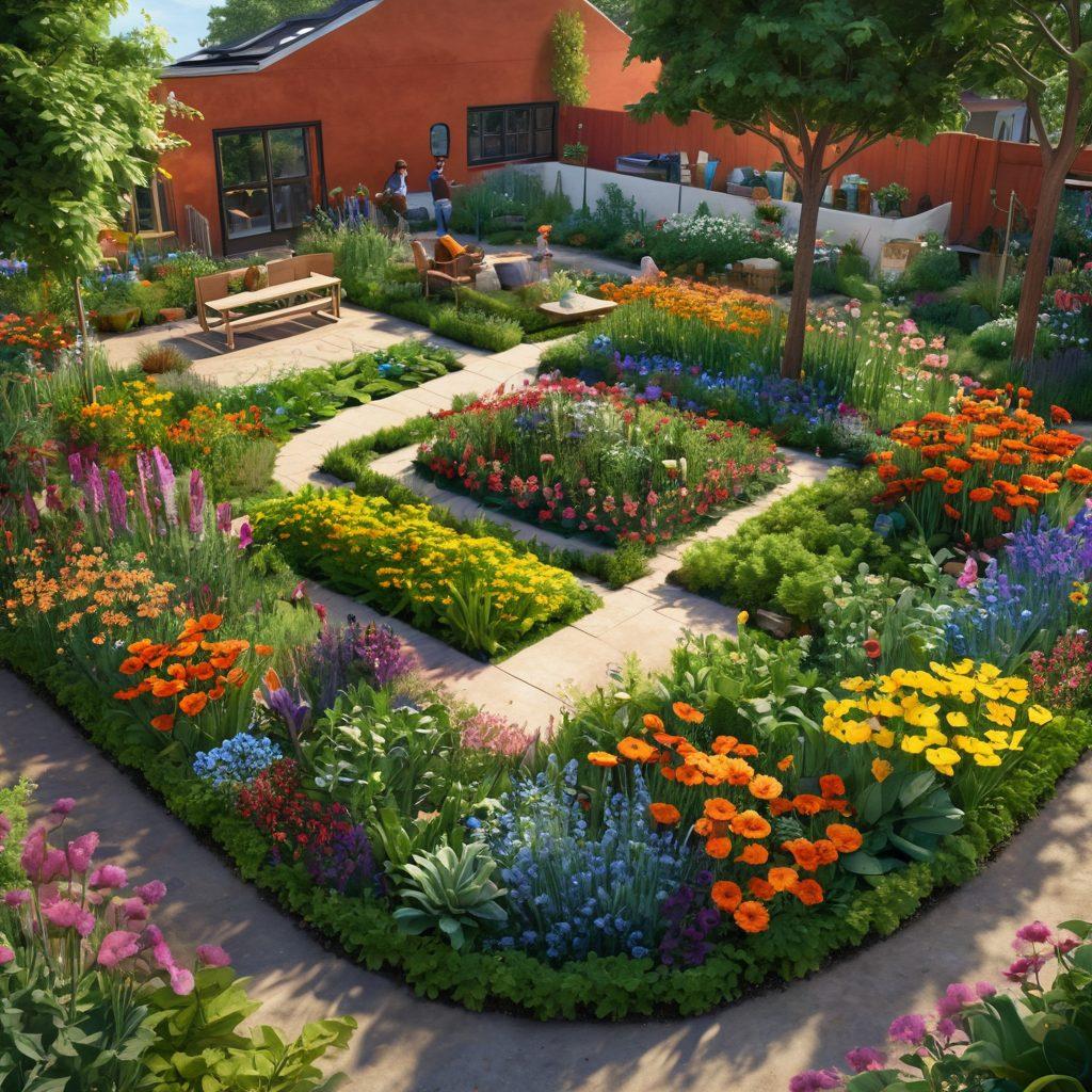 A vibrant community garden with diverse people connecting and sharing resources, surrounded by blooming flowers and greenery. Emphasize joyful interactions and a sense of unity, highlighting activities like planting, exchanging seeds, and sharing meals. Add elements representing wellness, like yoga mats and healthy food baskets. The scene should radiate positivity and community spirit. super-realistic. vibrant colors. 3D.